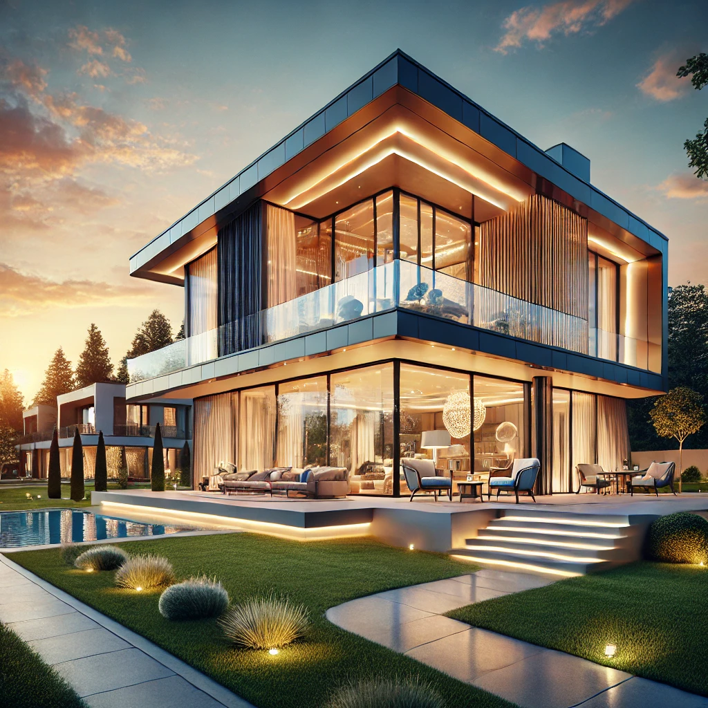 DALL·E 2025-02-24 23.59.13 - Luxuriöse, moderne Villa bei Sonnenuntergang mit eleganter Beleuchtung, großer Glasfront und stilvollem Außendesign. Die Atmosphäre strahlt Exklusivit