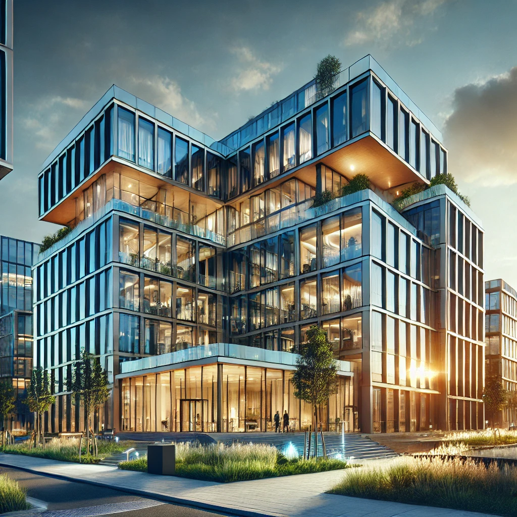 DALL·E 2025-02-25 00.01.00 - Moderner, luxuriöser Bürokomplex in urbaner Umgebung bei Sonnenuntergang. Das Gebäude hat eine elegante Glasfassade, hochwertige Architektur und eine