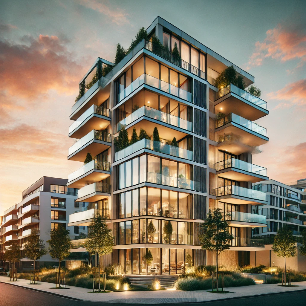 DALL·E 2025-02-25 00.01.04 - Modernes, luxuriöses Mehrfamilienhaus in urbaner Umgebung bei Sonnenuntergang. Das Gebäude hat eine elegante Glasfassade, stilvolle Balkone und hochwe
